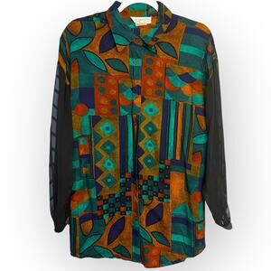 Studio C Button Up Shirt Womens Large Multicolor Sheer Sleeves Geometric VTG 90s